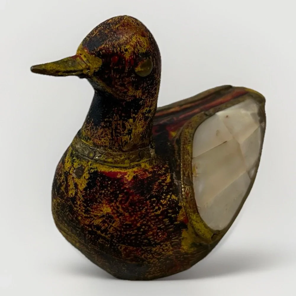 Vtg Set 2 Wood Handcarved Duck w/Brass & Pearl Decorative Inlays Charles Marcak